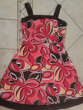 Sleeveless Floral A-Line Sundress in Coral, Brown & Yellow  SZ 16